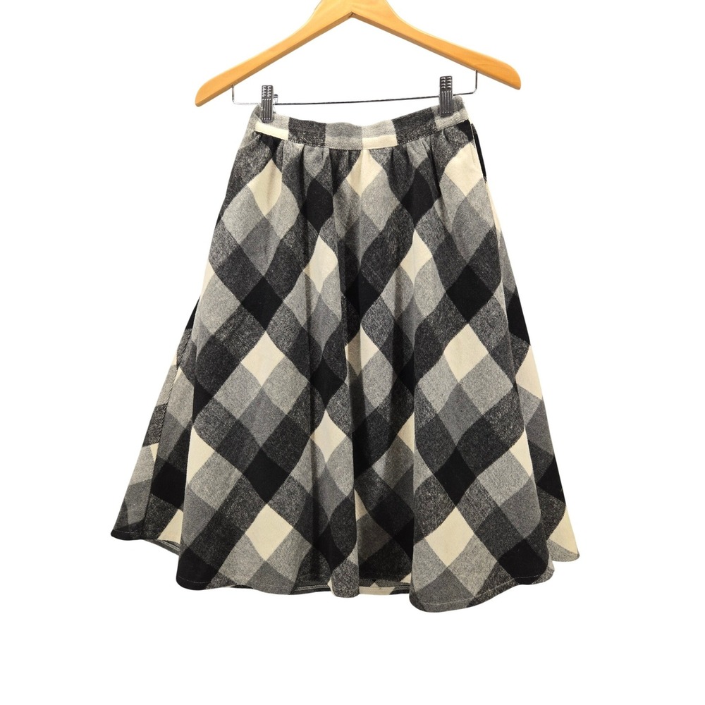 ModCloth Women Black Gray Buffalo Plaid Wool Blend Checkered A-Line Midi Skirt S